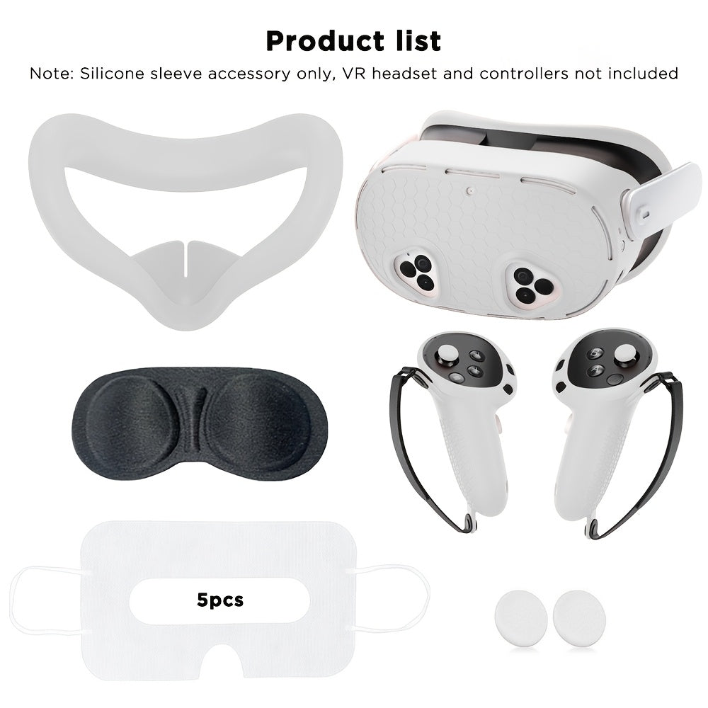 Silicone cover set for Meta Quest 3S, including face cover, controller grips, headset cover, and lens protective cover. Oculus Quest 3S accessories only (VR headset and controllers not