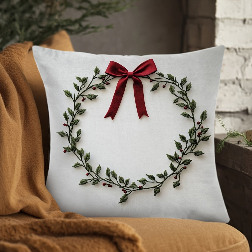 Embroidered Mistletoe Wreath Pillow Cover, made of 100% Polyester. Features Square Zippered Cushion Case, Double-Sided Short Plush. Machine Washable. Perfect for Christmas & Easter Decor. Suitable for age 14 and up. Pillow not included.