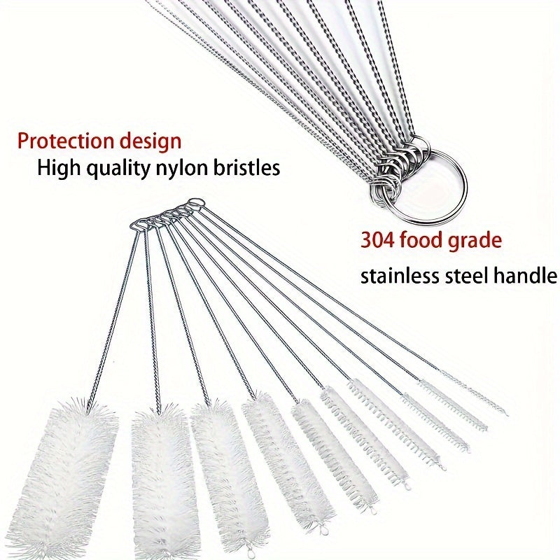 10 stainless steel handle soft bristle straw brushes for cleaning various items such as teapots, cups, and test tubes.