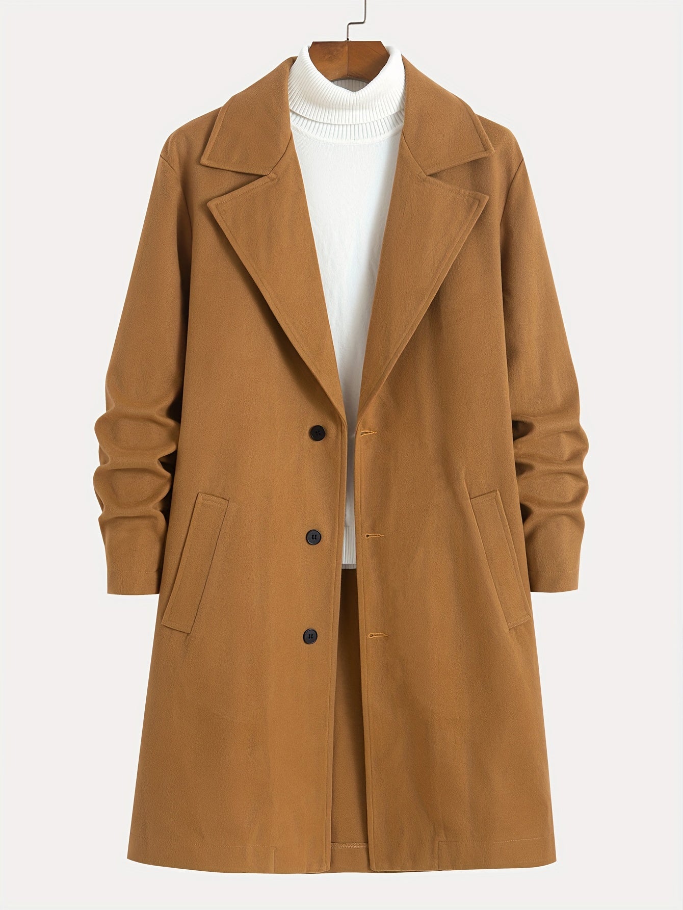 Men's classic solid color polyester coat with long sleeves, notch lapel, and welt pocket design. Casual style with non-stretch fabric and button detail. Regular fit for daily commuting in