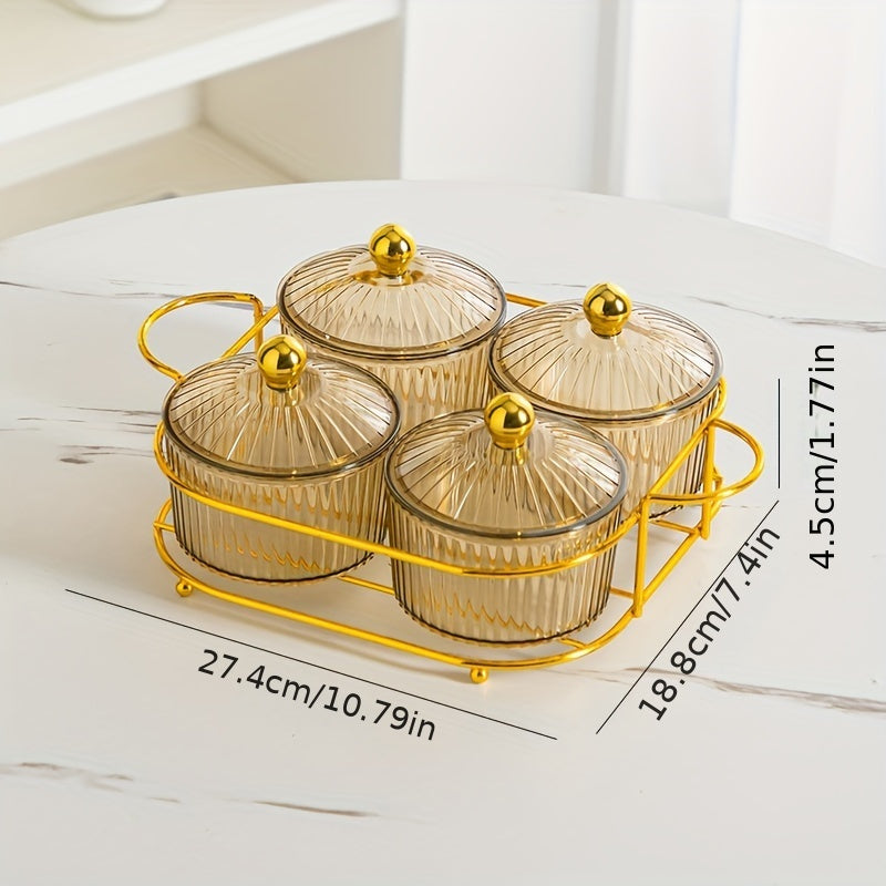 Luxurious snack serving set with lid-covered plastic dishes on a golden tray, perfect for displaying dried fruits and candies on a living room coffee table.