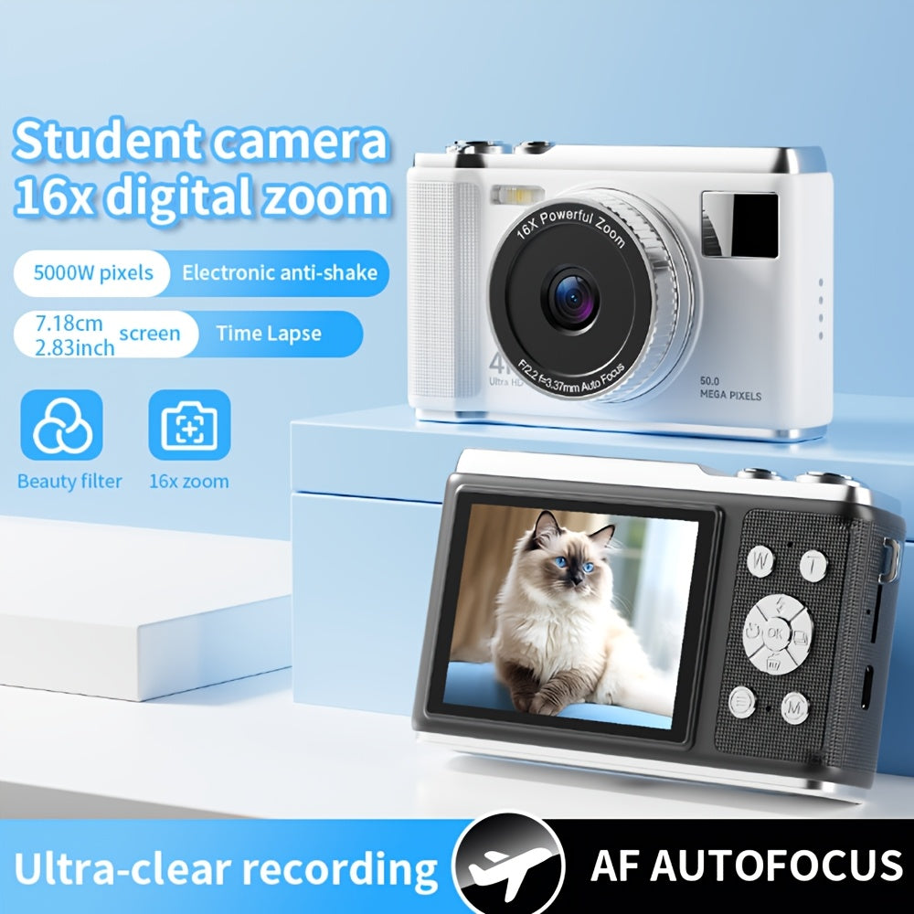 Compact digital camera with 4K resolution, 16X automatic zoom, LED flash, 7.11cm FHD screen, and 32GB SD card, ideal for teenagers and students.