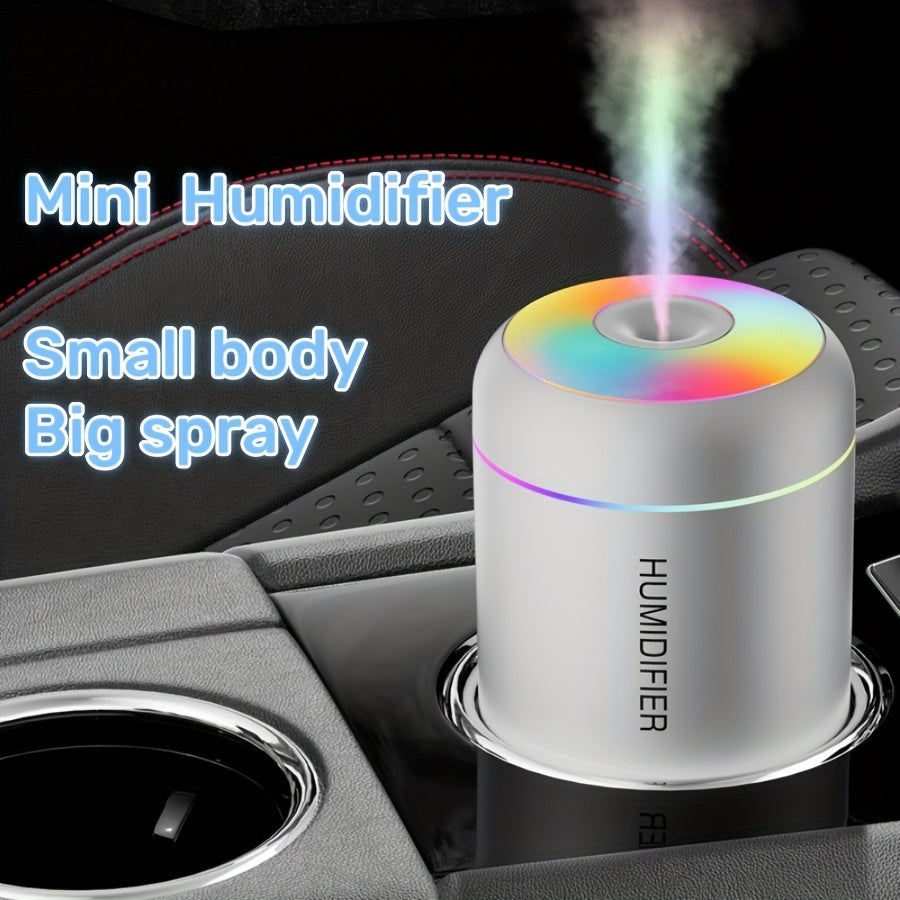 Compact portable humidifier with aromatherapy feature, USB-powered, 180ml mist volume, LED lights, suitable for car and home use, compatible with essential oils (battery not included).