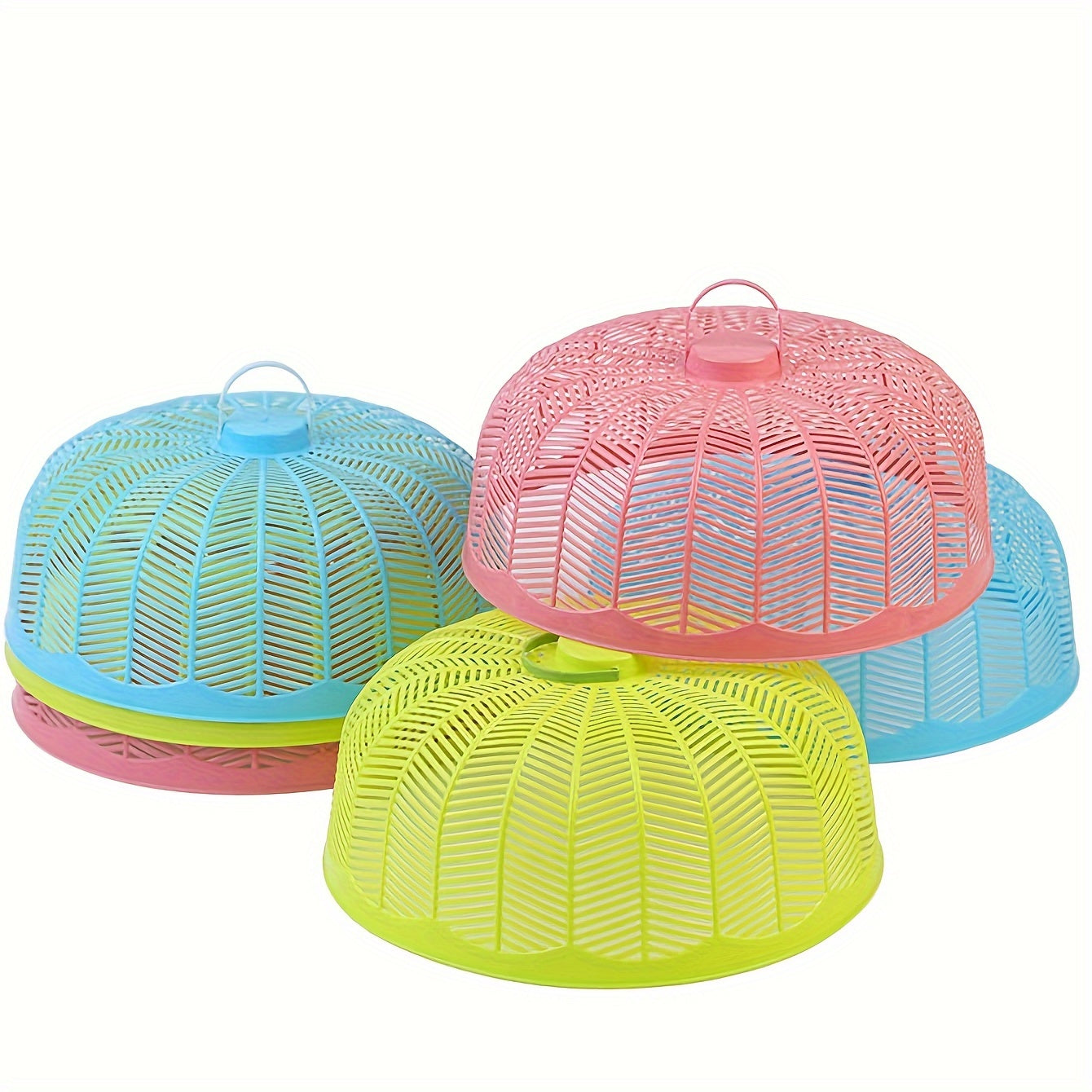 Set of 3 plastic food covers with colorful mesh screens for outdoor use. Keep flies, bugs, and dust away from your plates and bowls during picnics, parties, and in the kitchen.