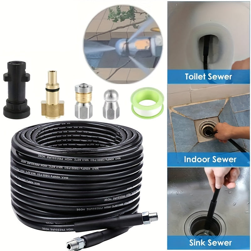 Powerful sewer jetter kit with 1/4" nozzle for clearing pipes and gutters. Available in 6m/20ft, 10m/33ft, 15m/50ft, 30m/100ft, and 45m/150ft sizes.