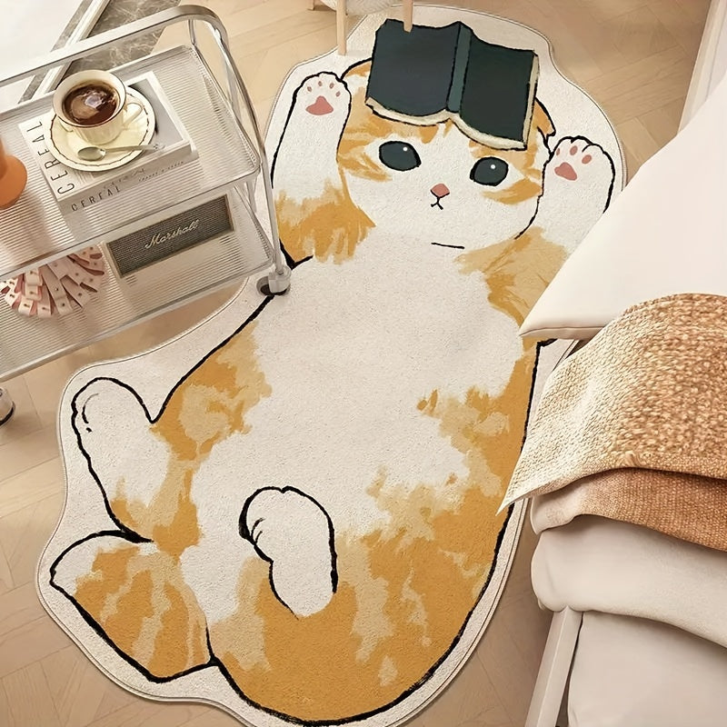 WhimsyCat Water-Resistant Cartoon Cat Floor Mat - 1 Piece, Made of Polyester Fiber with Rubber Backing, Non-Slip, Machine Washable, Unique Irregular Shape for Indoor Bedroom Use