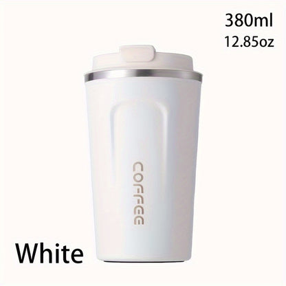 Reusable stainless steel travel mug in 12.85oz/17.25oz sizes, leak-proof and insulated for hot or cold drinks, ideal for both summer and winter, perfect birthday gift. Hand wash only.