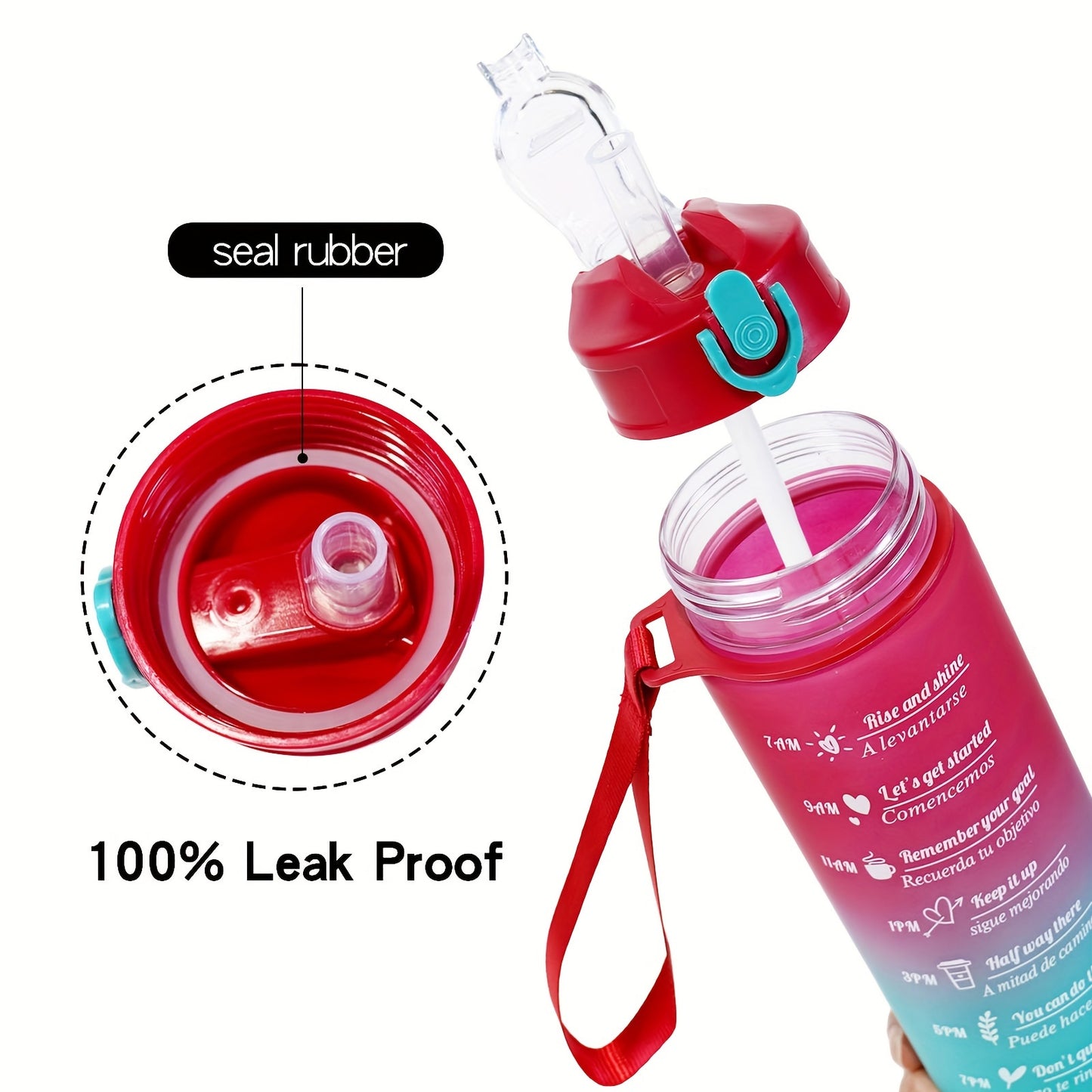 Gradient color water bottle with straw made of durable PC material, 800ml/300ml; red to black design with motivational phrases for fitness and health; portable and waterproof.