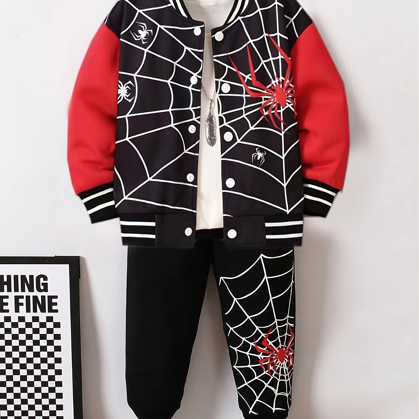 2-piece boys spider print baseball jacket and pants set, perfect for spring and autumn outdoor wear, also great as gifts