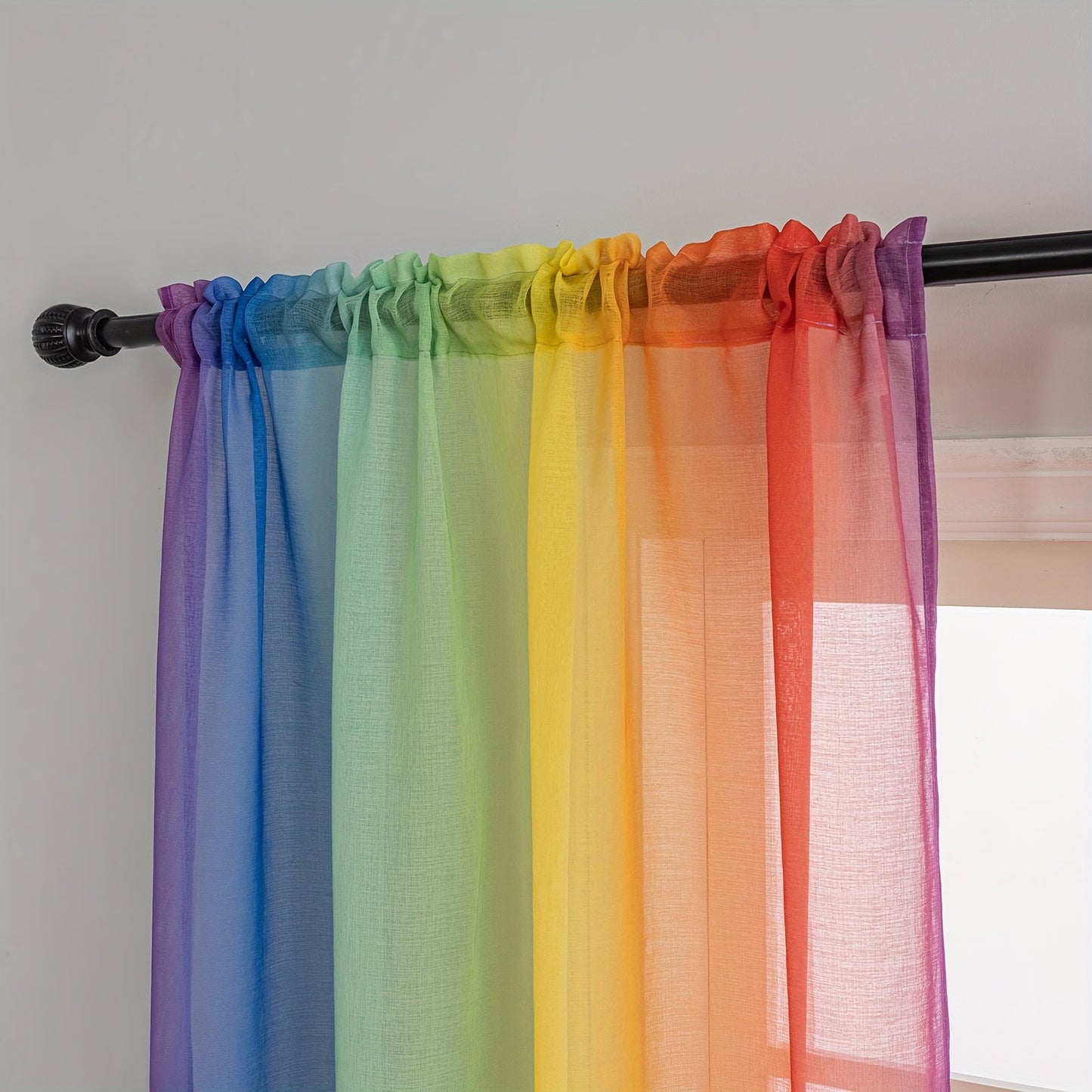 Set of 2 Modern Rainbow Stripe Sheer Curtains made of 100% Polyester, with Rod Pocket design for easy hanging in Living Room, Bedroom, or Office. These Decorative Unlined Panels can be Hand Washed and are suitable for all seasons. Enjoy the Transparent