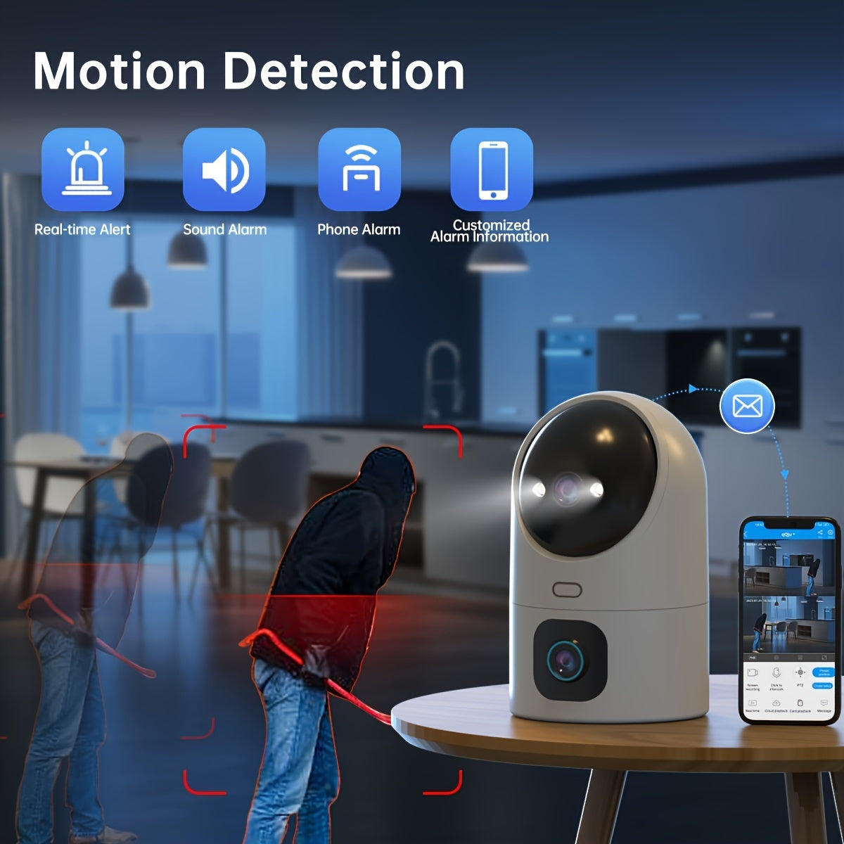 Experience enhanced security with the JOOAN 2K HD Dual-Screen WiFi Camera. This wireless security camera features high-definition video quality, one-click phone call capability, audio monitoring, alarm push notifications, and full-color night vision for