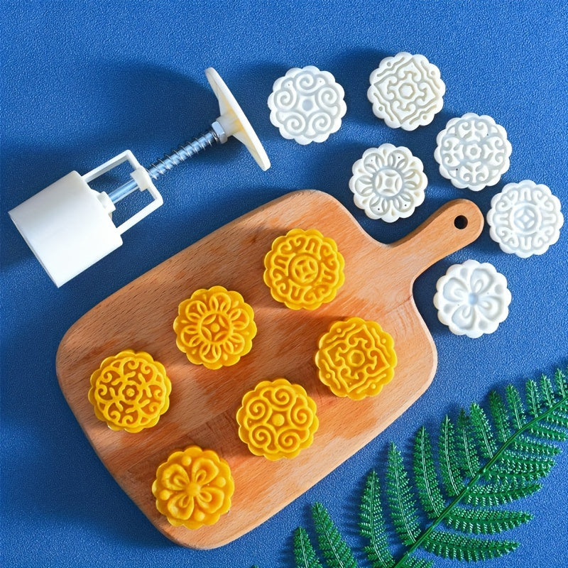 Moon Cake Maker Set with Flower-shaped Mold and 6 Stamps - Create DIY Hand-pressed Cookies for the Mid Autumn Festival with these Pastry Tools, Baking Tools, and Kitchen Gadgets