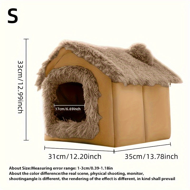 Plush pet bed for cats and dogs with removable non-slip bottom, suitable for four-season use in a semi-enclosed design.