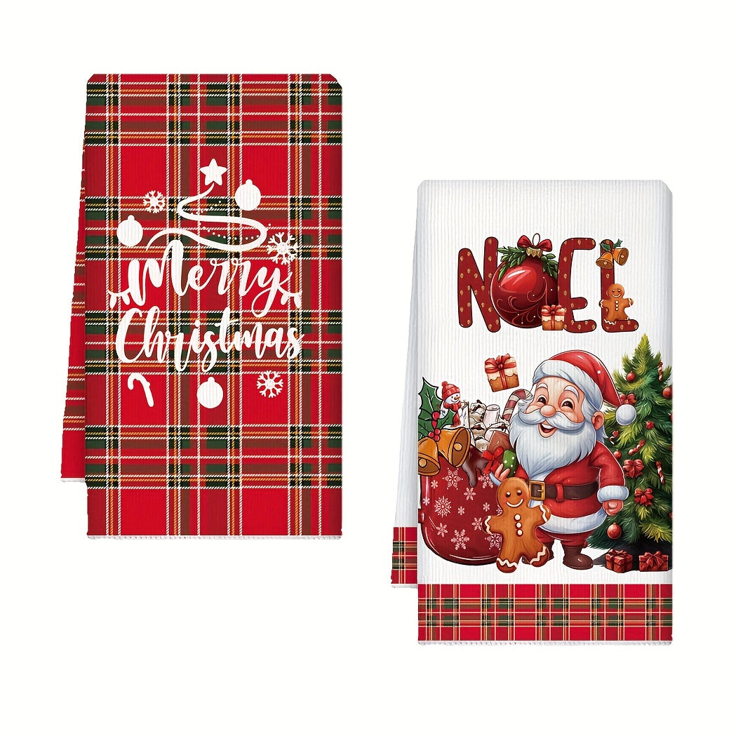 Set of 2 Christmas kitchen towels with Santa and gingerbread design. Made of quick-dry microfiber, featuring red plaid Merry Christmas pattern. Perfect for cooking, baking, and housewarming gifts. Size: 69.85x44.96 cm.