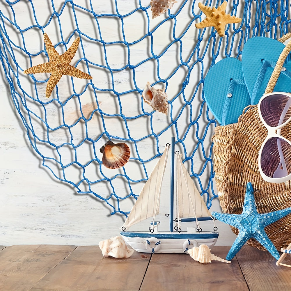 Seafarer's Charm: Nautical Blue Fishing Net Wall Decor with Seashells - Perfect for Ocean-Themed Events