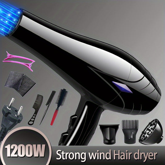 1200W Hair Dryer with Strong Wind and Extended Reach, featuring Brushless Motor, European Plug, Nozzle Accessory, Non-Foldable Handle, and 152.4cm Cord.