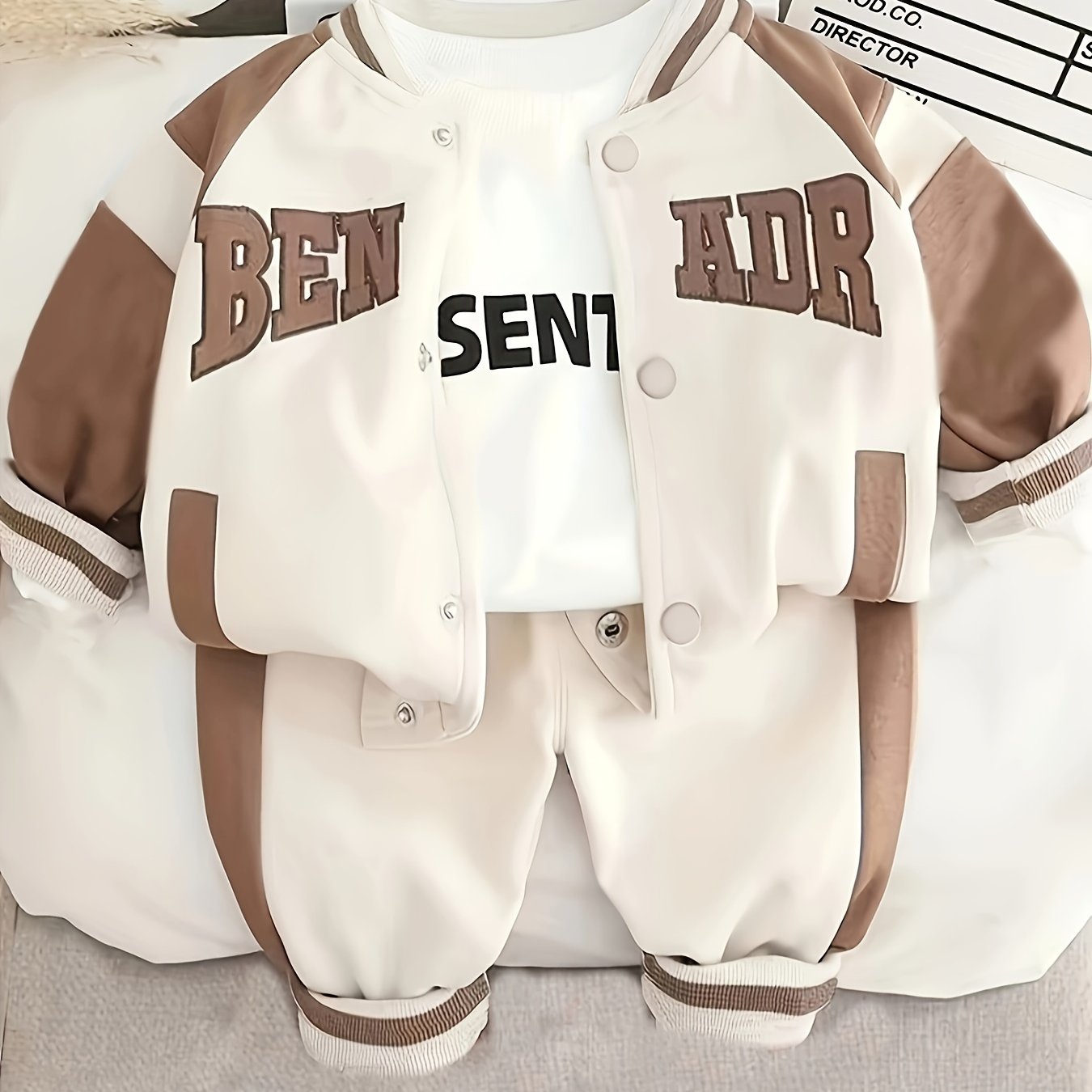 Baby boy's stylish baseball coat, sweatshirt, and pants set, perfect for outdoor wear in spring, autumn, and winter.