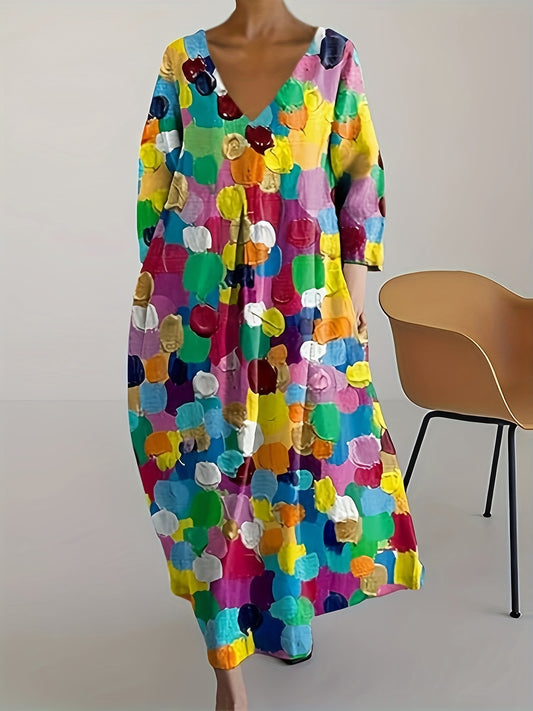 Vibrant Patchwork Print V-Neck Kaftan Dress for Women - Elegant Long Sleeve Maxi with Pockets for Party and Casual Wear