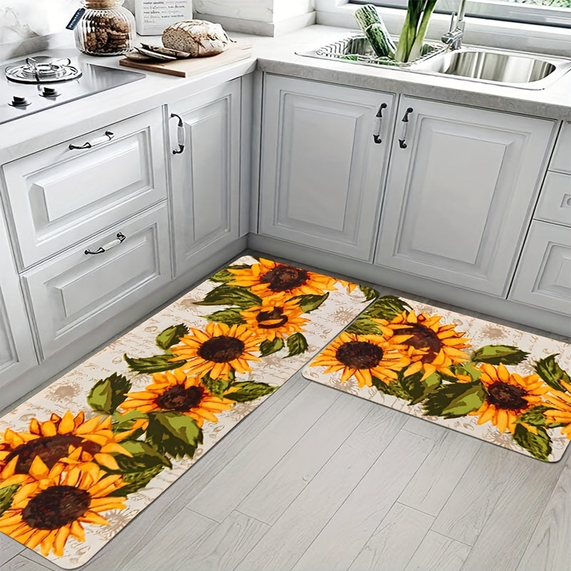 One piece Sunflower Print Kitchen Floor Rug designed to resist dirt and water, machine washable for easy cleaning. Can be used as an Entrance Doormat, Kitchen and Living Room Carpet, or Laundry and Bathroom Water-absorbing Floor Carpet.