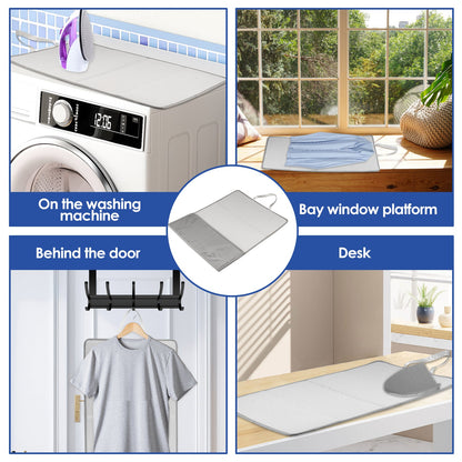 The GUIJZSLTRG Portable Folding Ironing Mat is designed for convenience and efficiency. This mat is heat resistant up to 392°F, waterproof, and anti-scratch, making it perfect for all your ironing needs. It also features an over-the-door hanging option