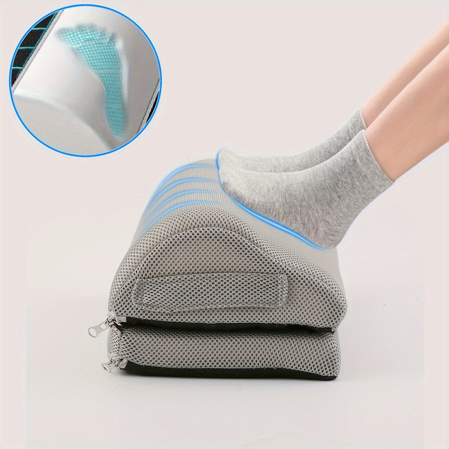 Under desk foot rest with washable cover, adjustable height for car, home, and office.