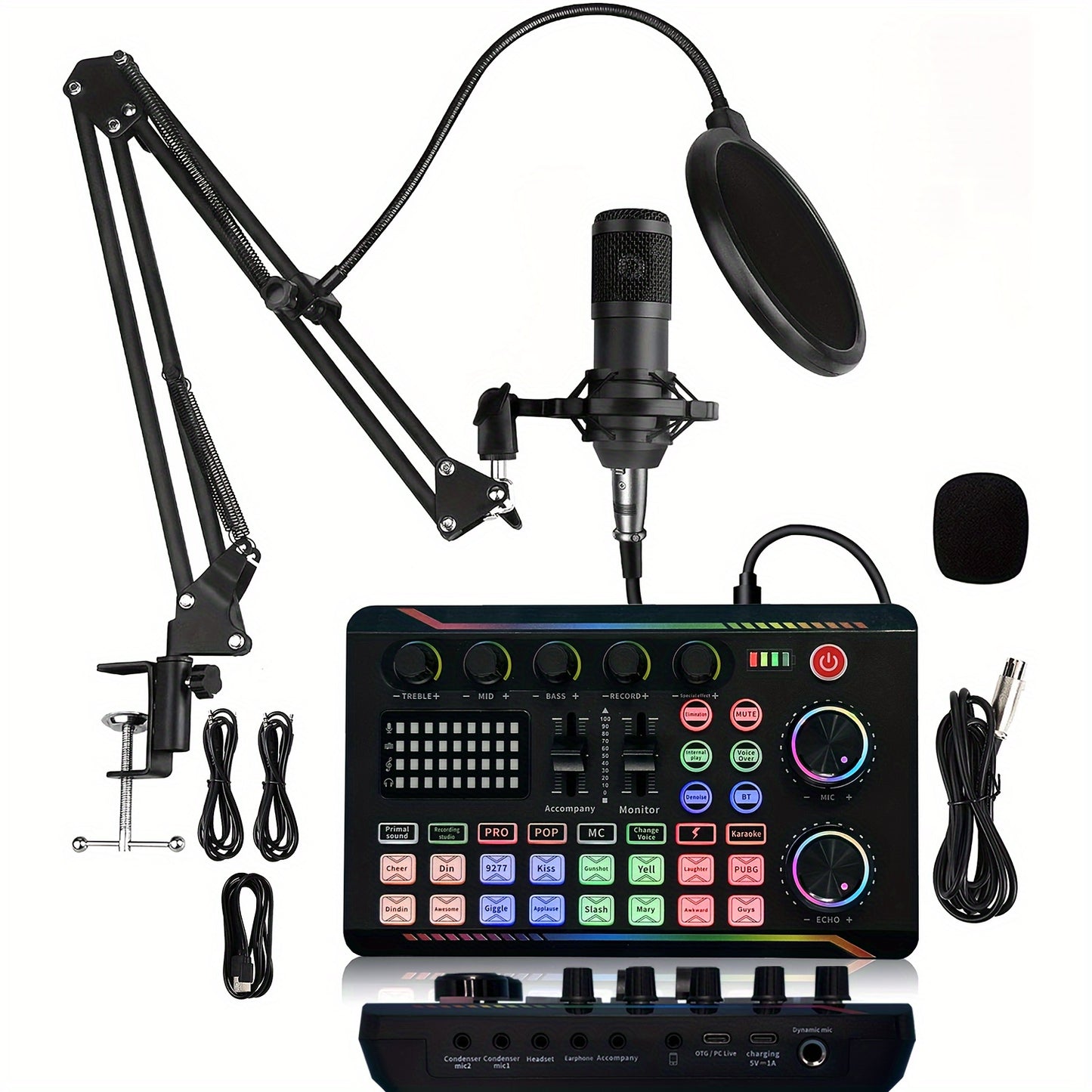 BM-800 Professional Podcasting Microphone Kit with Live Sound Card, Multi-Functional Audio Mixer for PC/Smartphone Recording & Broadcasting. Black, 3.5mm Jack, USB Charging, 36V Max