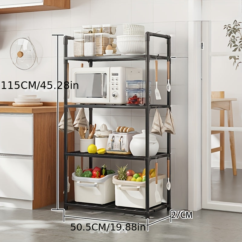 Multi-tier storage organizer rack with 1 piece construction - features 4 or 5 layers of plastic bracket shelves with a matte finish. Perfect for floor mounting in various spaces such as the kitchen, bathroom, or bedroom. Simple assembly, durable