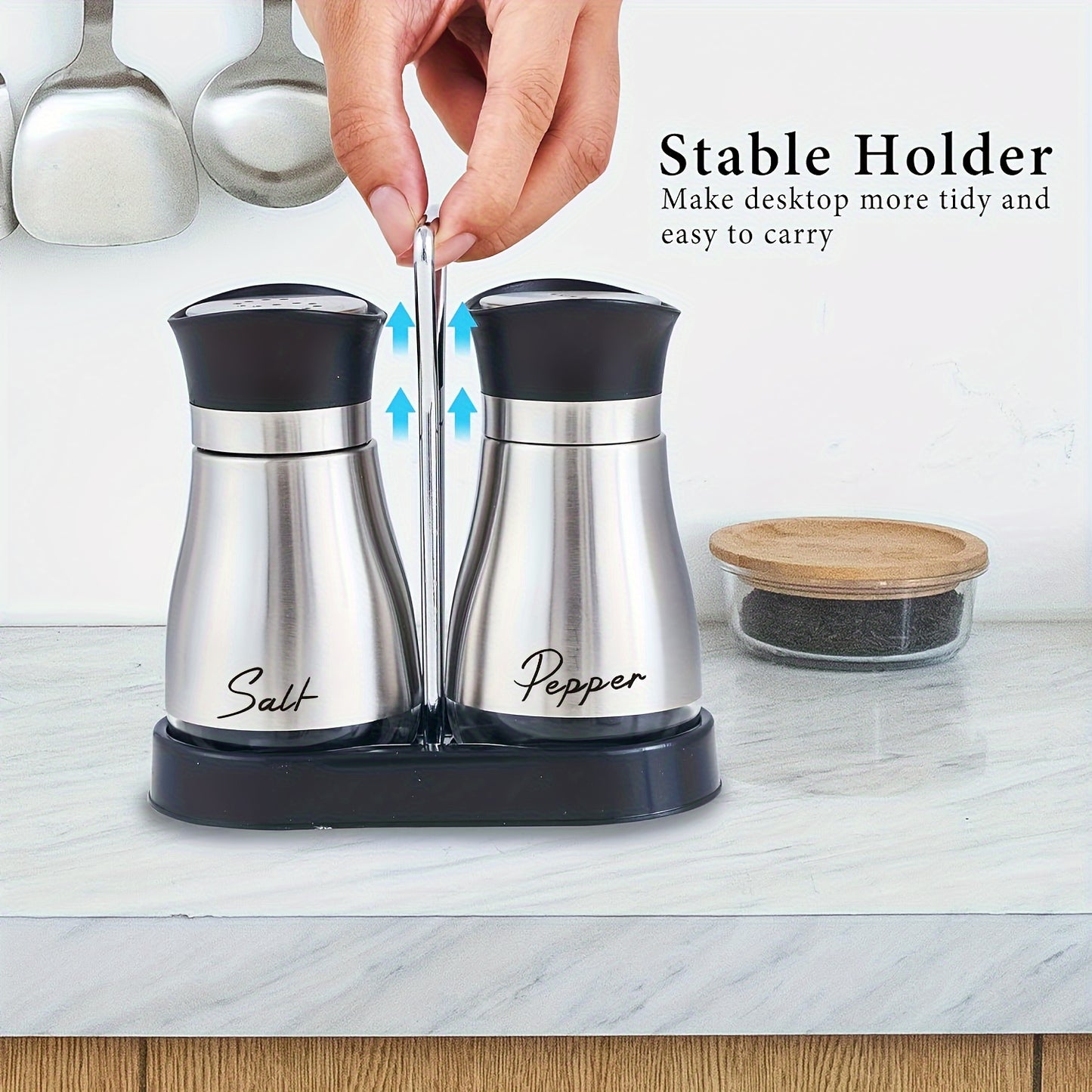 Salt and pepper shakers set with stainless steel bracket and electroplated handle, perfect for table, RV, camp, or BBQ.