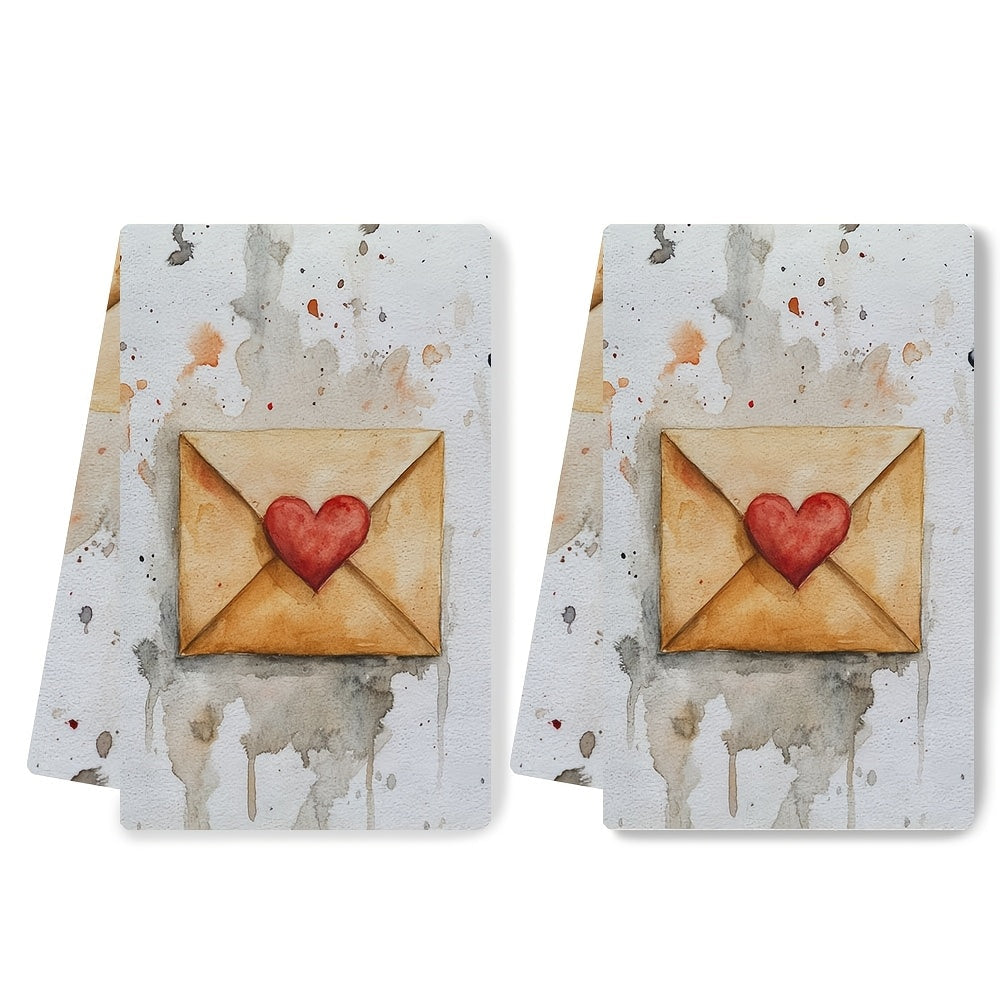 Valentine's Day Kitchen Towels Set - 2 Pieces of Ultra Soft Towels with Whimsical Heart Envelope Design. These Highly Absorbent Dish Hand Towels are Machine Washable and feature a Contemporary Style. Each towel measures 40.64x60.96 cm. Perfect for your