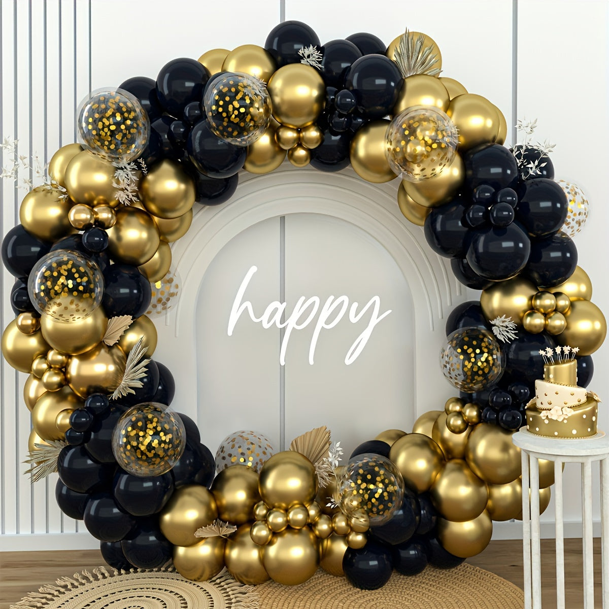 140pcs Black and Golden Latex Balloon Garland Arch Kit with Confetti Balloons for Various Celebrations and Milestones.