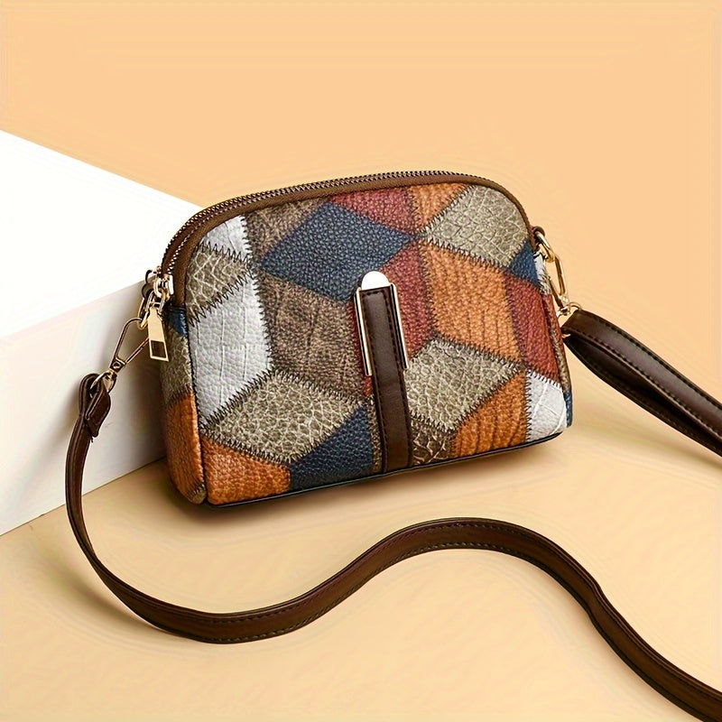 Colorblock crossbody bag featuring a retro rhombus pattern, ideal as a fashion shoulder bag for women.