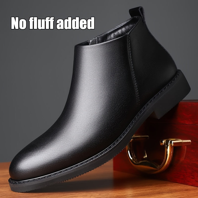 Men's classic mid-top ankle boots with solid color faux, round toe, rubber sole, and slip-on or zippered closure. Suitable for daily wear, parties, and business.