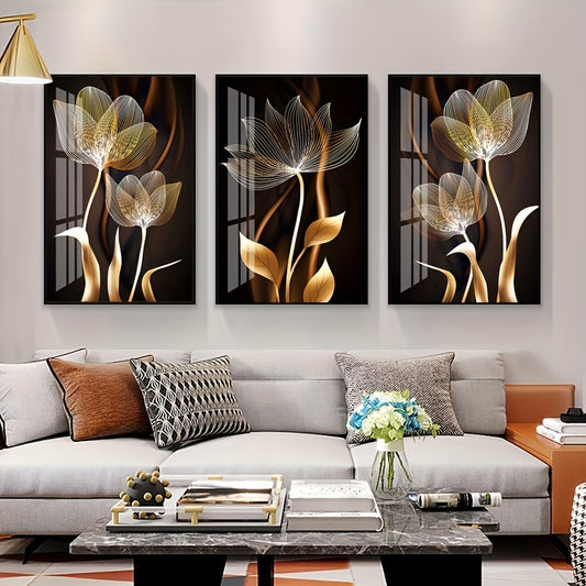 3 unframed posters of black and golden flower wall art canvas painting for living room decor, modern abstract design, 15.7x23.6in/40x60cm.