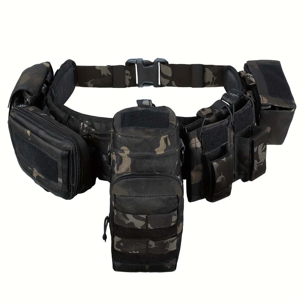 BOMTURN Tactical Utility Belt Set with MOLLE System includes 7 pieces of camouflaged polyester gear suitable for hunting and fishing.