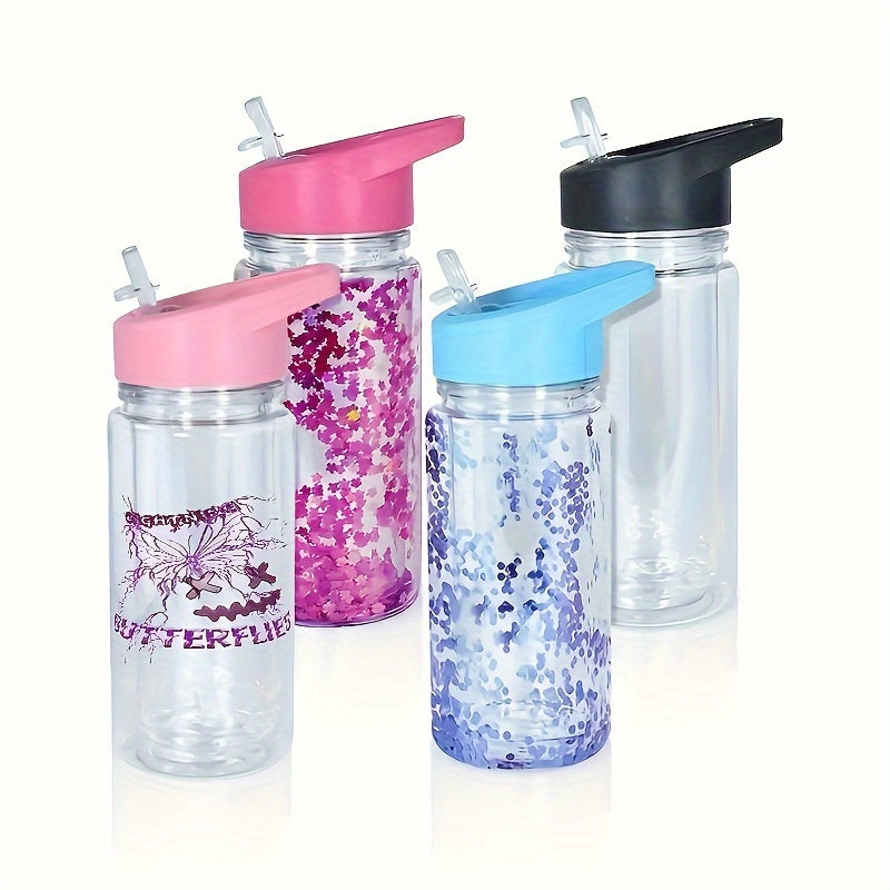 Set of four 10oz double-wall insulated plastic water bottles with retractable spouts, break-resistant, PVC-free, lightweight, hand-wash only, perfect for outdoor, travel, and home use.