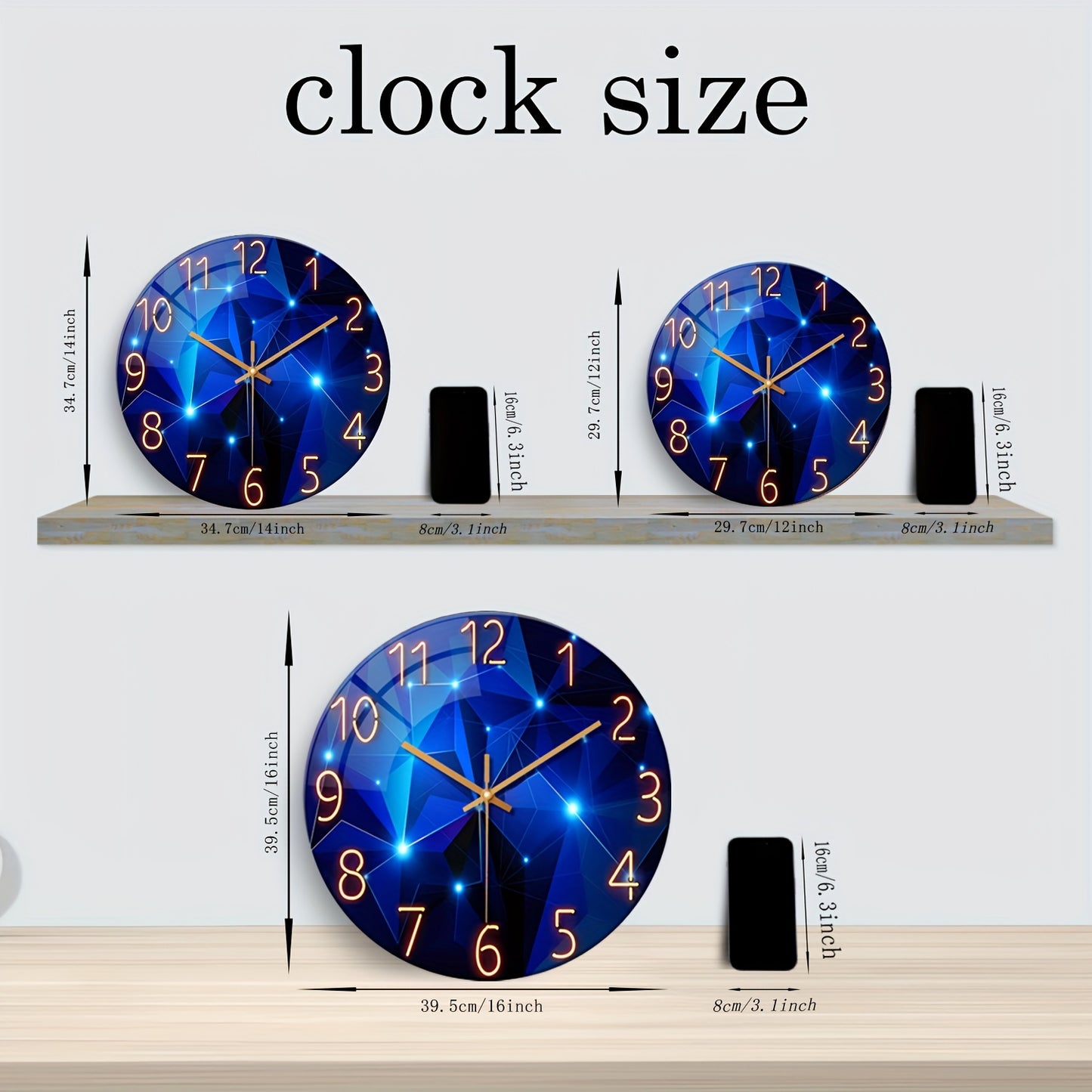 12"/14" Silent Wall Clock with Dark Blue Geometric Design. Made with 4mm Tempered Glass and Japanese Quartz Movement. Perfect for indoor and outdoor decor. Great gift option (Battery not included).