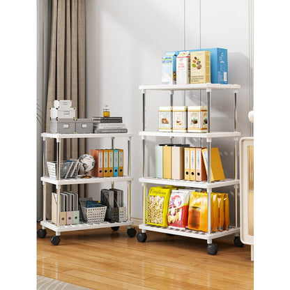 Rolling Storage Rack Organizer featuring Multiple Tiers, Constructed from Metal and Plastic, Easy to Move with Wheels, Ready to Use with No Assembly Needed, Ideal for Kitchen, Bathroom, Snacks, and Shoes Storage.