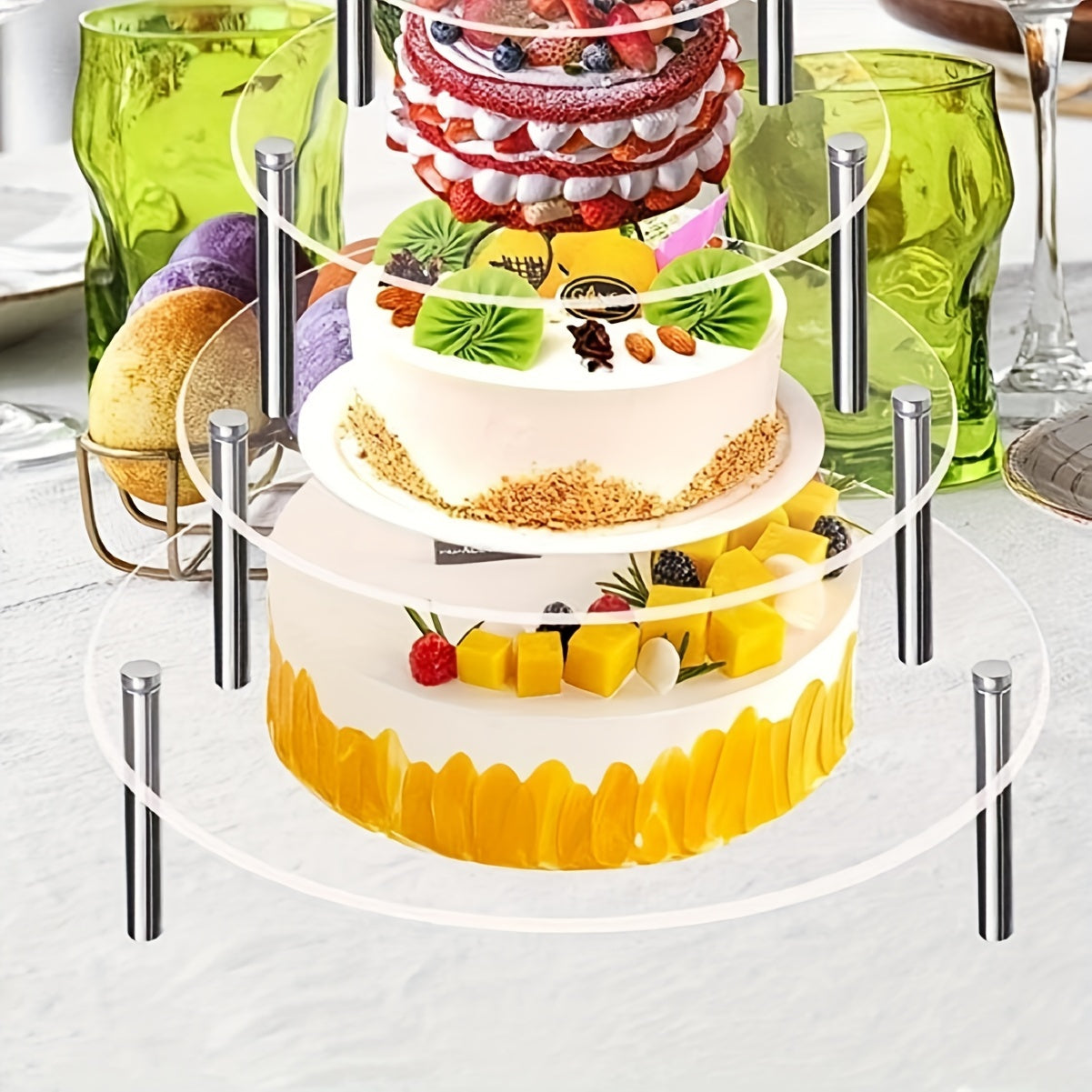 Elegant Transparent Acrylic 3-Tier Cake Stand with Sturdy Metal Poles - Perfect for Weddings, Birthdays, and Christmas! Versatile Cupcake and Cake Display Rack for Party Decor and Kitchen Use, Includes Cake Decorating Supplies