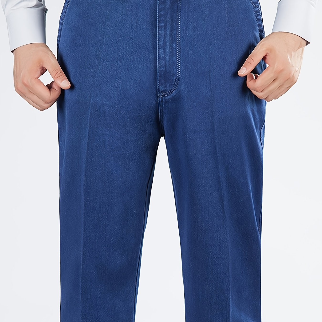 Men's high-waisted denim jeans with deep pockets, made of 85% cotton, 5% polyamide, and 10% other fibers. Features a solid color, regular fit straight leg, zipper fly closure, and washed