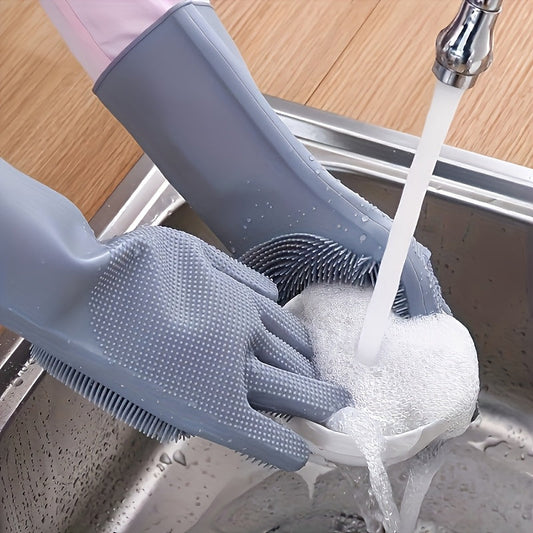 One set of Silicone Dishwashing Gloves with a built-in scrub brush - Waterproof and Heat-Resistant, Lead-Free, Perfect for Cleaning Kitchen, Bathroom, Floors, Furniture, and Glass, in Gray color.