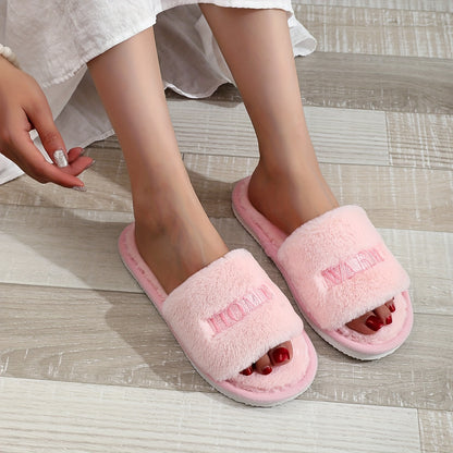 Women's Plush Faux Rabbit Fur Slippers in Soft Pink & Grey with "Home" Detail, Cozy Open-Toe Slip-On Design for Indoor Comfort. Luxurious House Shoes for Lounge or Bedroom.