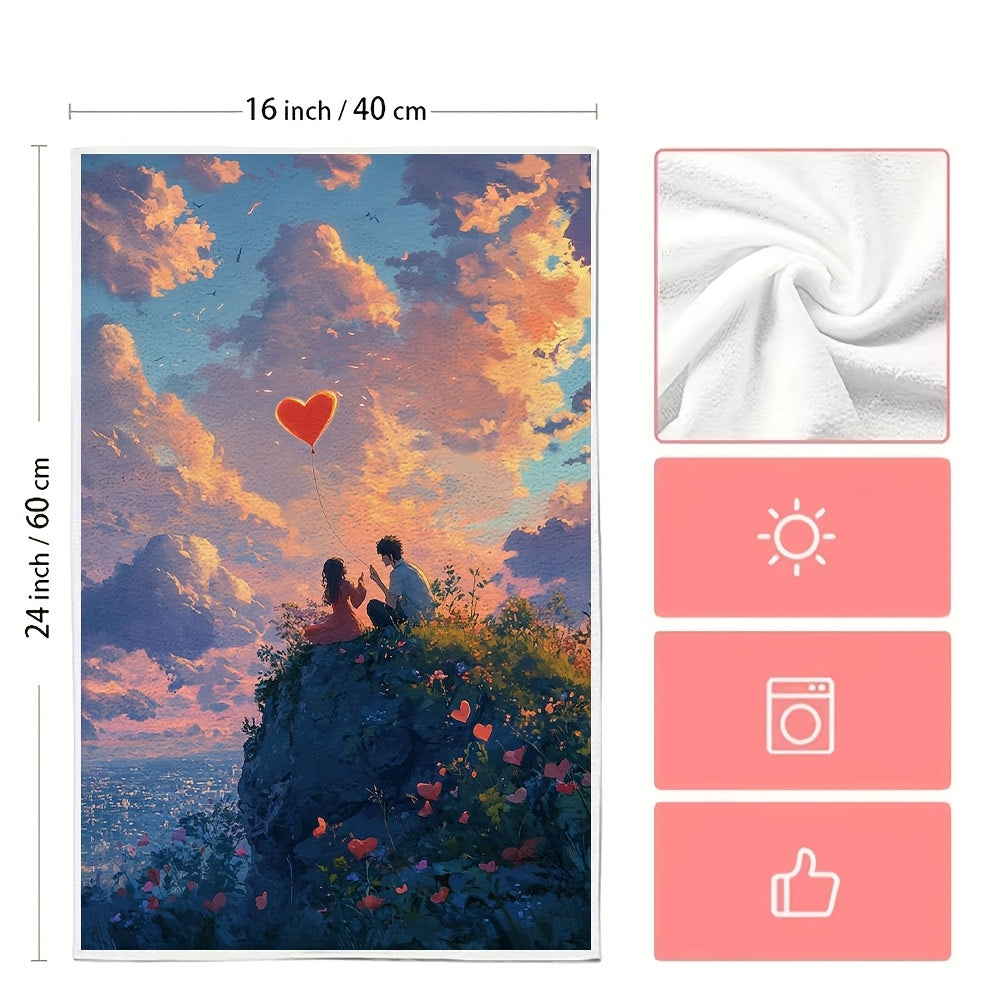 Get a pair of ultra-soft kitchen towels with a charming anime couple on a heart-shaped hilltop, flying a heart-shaped kite. These dish towels are super absorbent, great for holiday decor, easy to machine wash, and measure 40.64X60.96 cm.