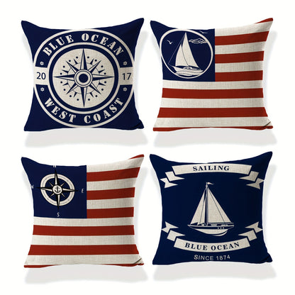 Set of 4 nautical polyester linen pillowcases in blue, featuring sailboats, compasses, and anchors. 18x18 inches, ideal for bedroom decor. Pillow core not included.