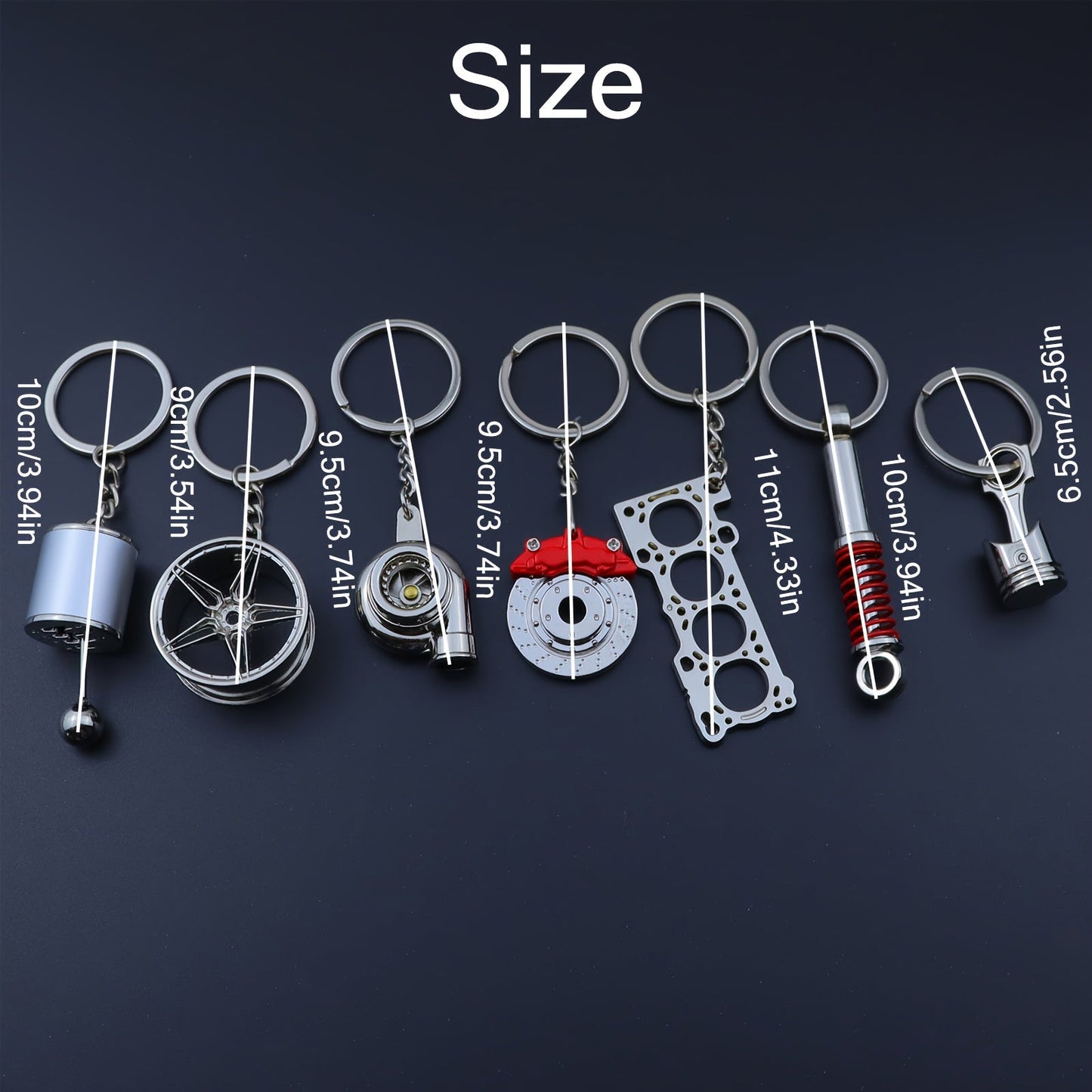 Funky car modification keychains set includes seven pieces: piston, turbo, wheel hub, gear shift, shock absorber, brake disc, and engine block. Made of zinc alloy in a sleek black finish.