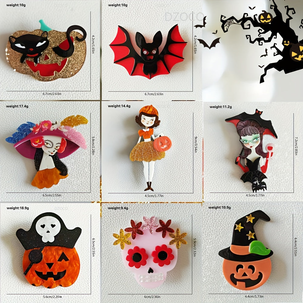 Retro Punk Inspired Acrylic Brooch Pins - Quirky Cartoon Designs for Scarves and Jackets, Featuring Halloween Icons like Pumpkins, Skeletons, and Bats