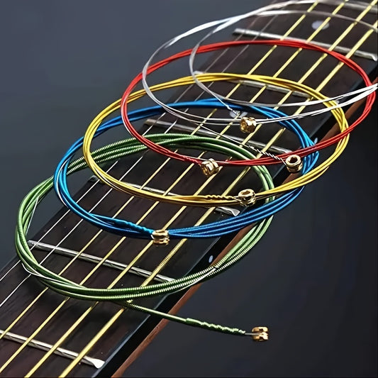 6pc premium guitar strings in vibrant colors (white, red, green) for optimal sound & performance. Durable, rust-resistant, uncoated material with easy wrap design for acoustic guitars.