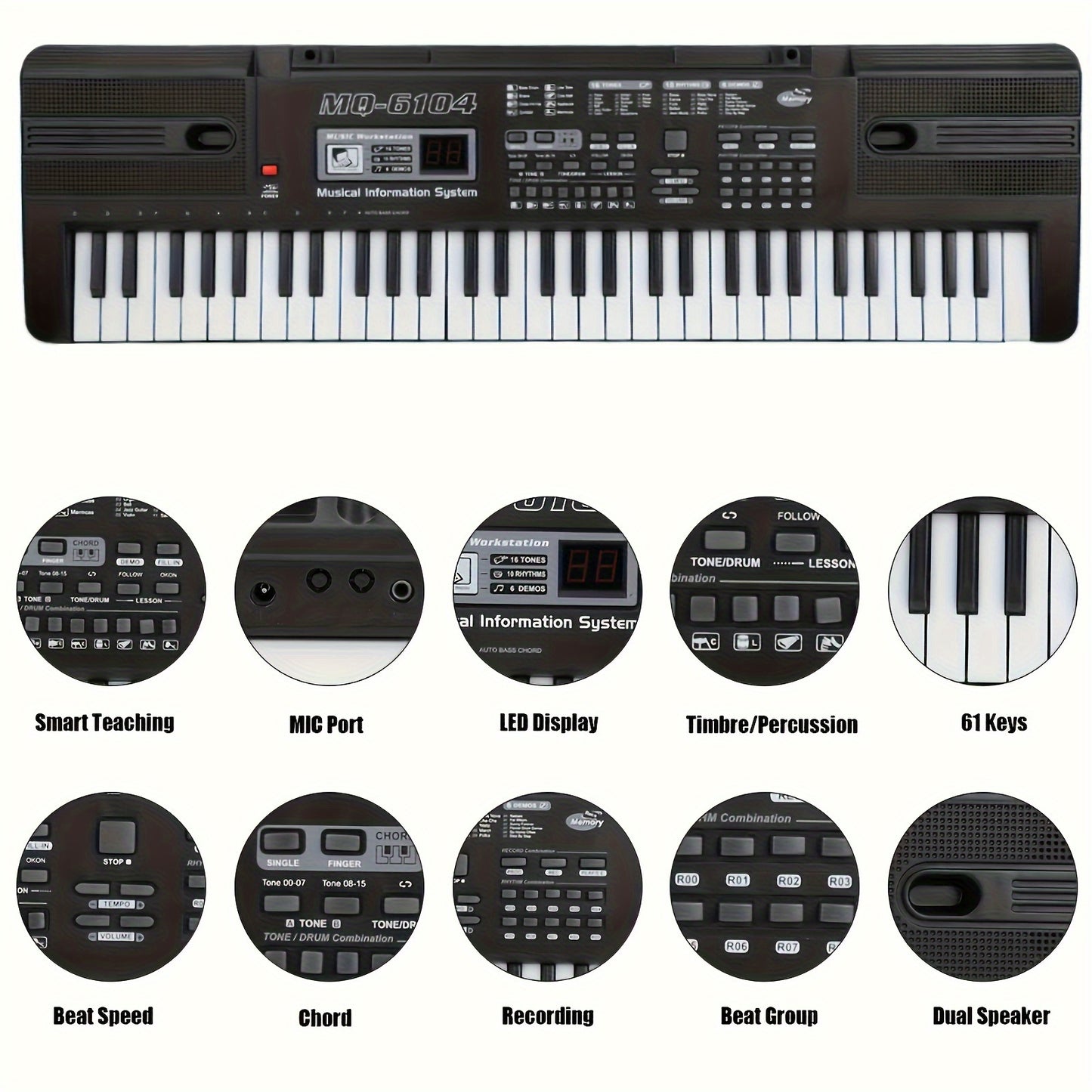 61-key kids electronic keyboard with interactive learning, microphone, ideal for children ages 3-12. Black, batteries not included.