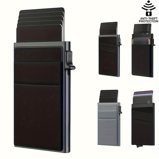 Innovative men's black aluminum wallet with RFID blocking, dual layer back, and card holder.