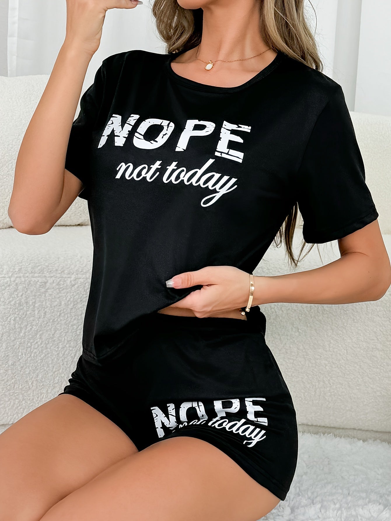 Women's casual pajama set with "NOPE not today" print, including short sleeve t-shirt and shorts. Comfortable loungewear for sleeping or lounging.