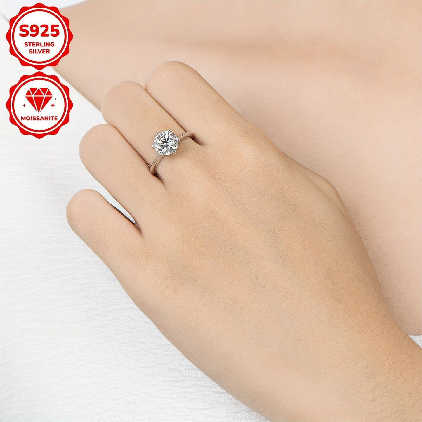 Moissanite Solitaire Engagement Ring for Women - Available in Various Sizes - Brilliant Round Cut White Golden Stone - Classic Six-Prong Setting in 925 Sterling Silver - Perfect Anniversary or Wedding Gift for Her